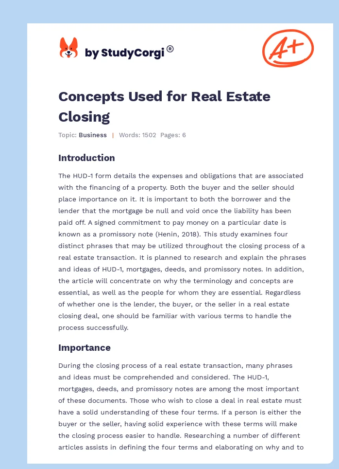 Concepts Used for Real Estate Closing. Page 1