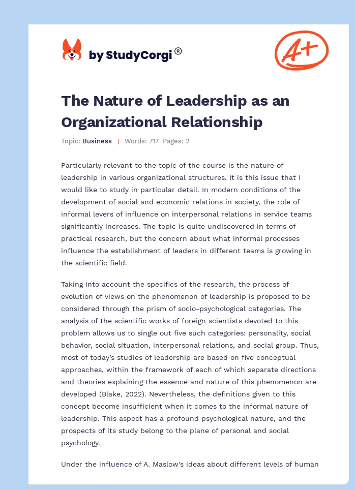 The Nature of Leadership as an Organizational Relationship. Page 1