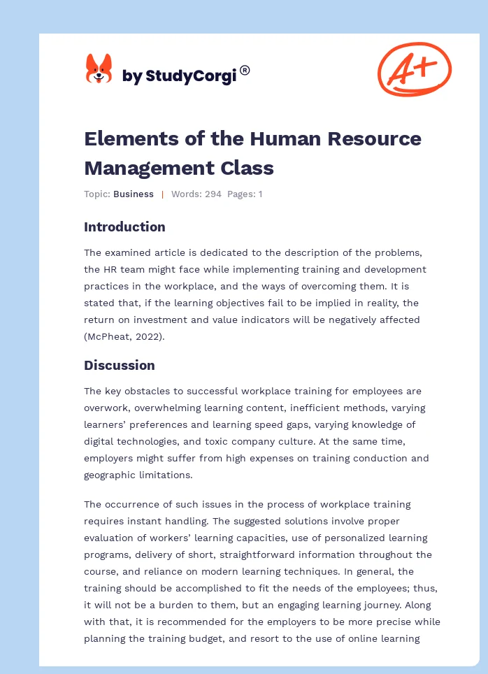 Elements of the Human Resource Management Class. Page 1