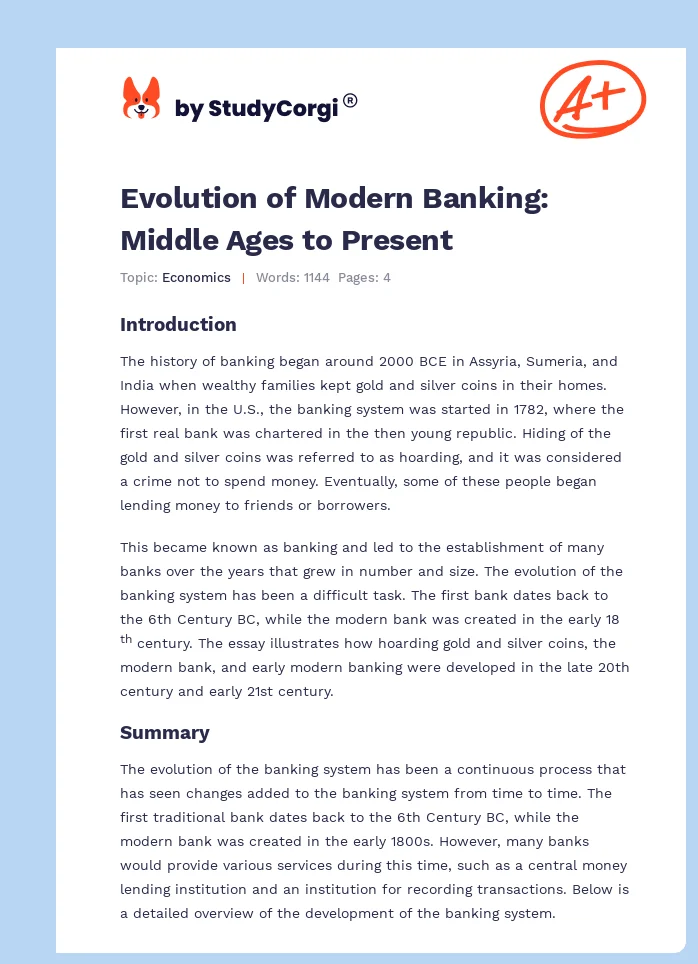 Evolution of Modern Banking: Middle Ages to Present. Page 1