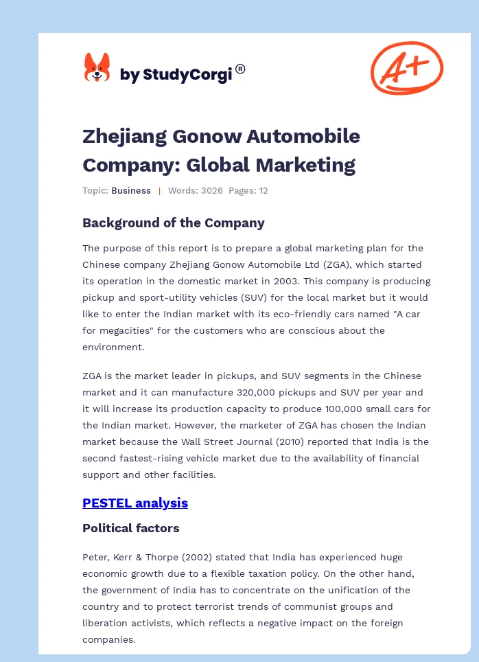 Zhejiang Gonow Automobile Company: Global Marketing. Page 1