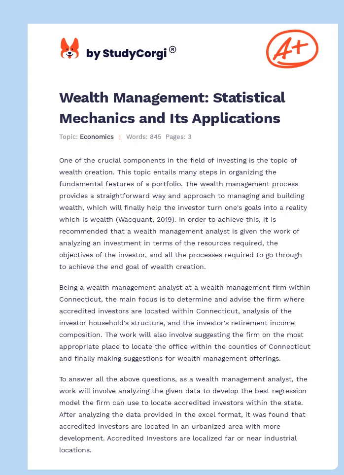 Wealth Management: Statistical Mechanics and Its Applications. Page 1
