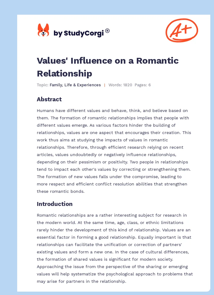 Values' Influence on a Romantic Relationship. Page 1