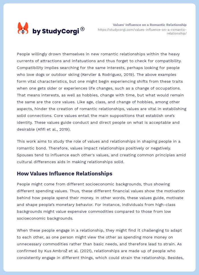 Values' Influence on a Romantic Relationship. Page 2