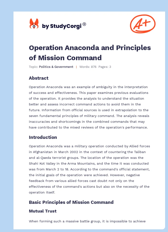 Operation Anaconda and Principles of Mission Command. Page 1