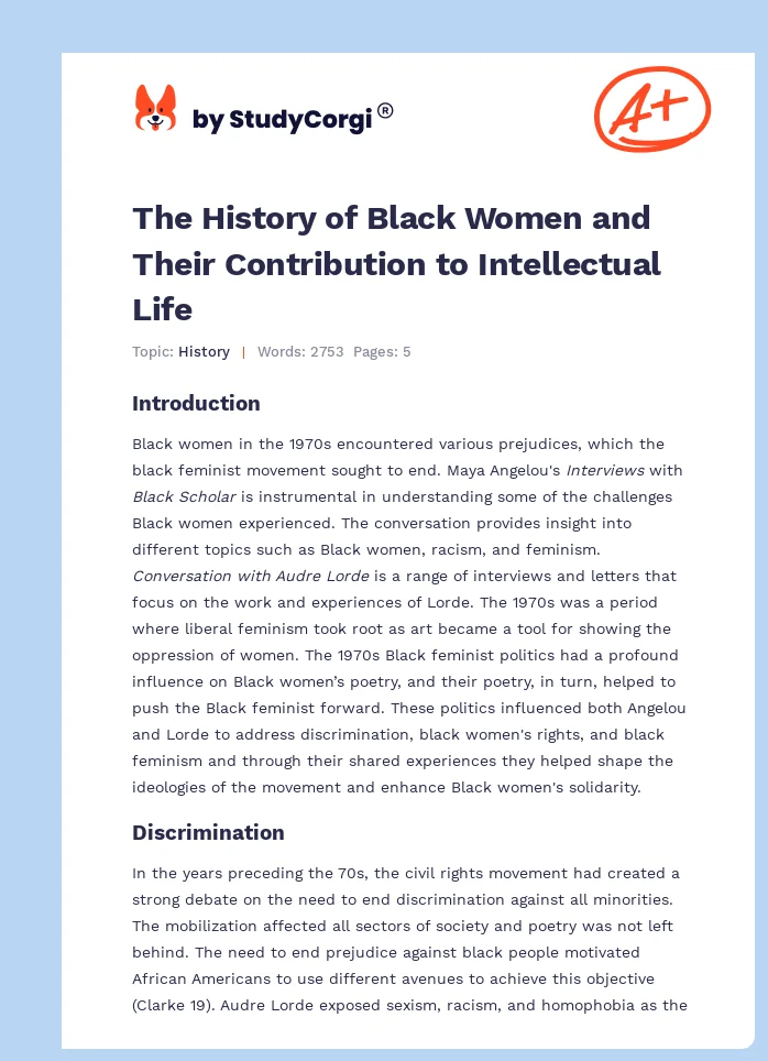 The History of Black Women and Their Contribution to Intellectual Life. Page 1