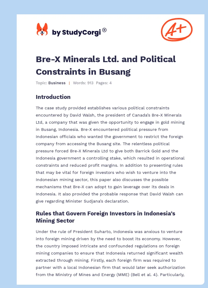 Bre-X Minerals Ltd. and Political Constraints in Busang. Page 1