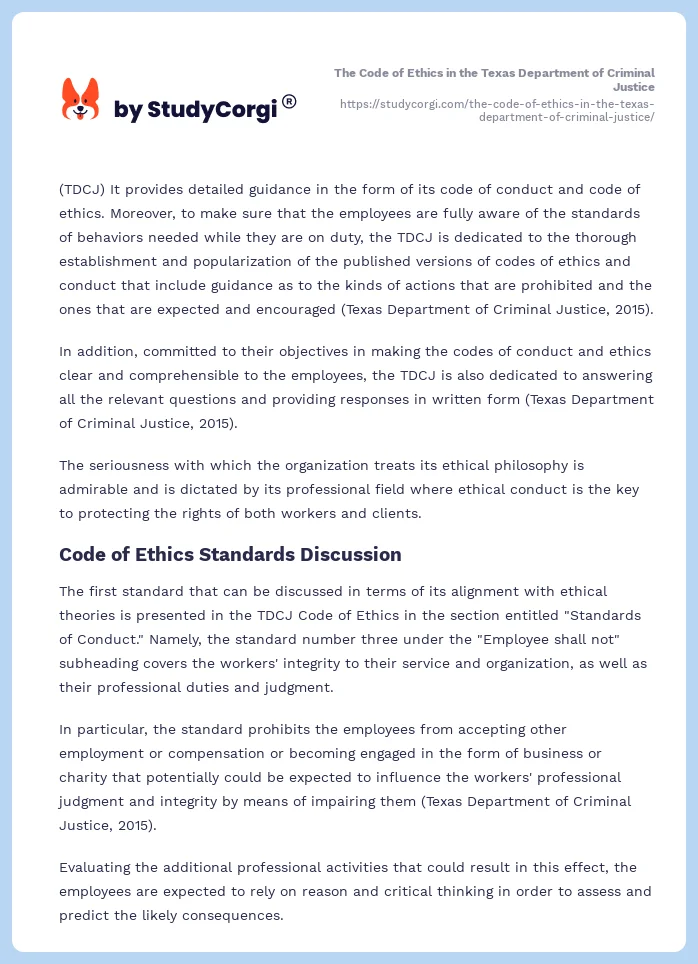 The Code of Ethics in the Texas Department of Criminal Justice. Page 2