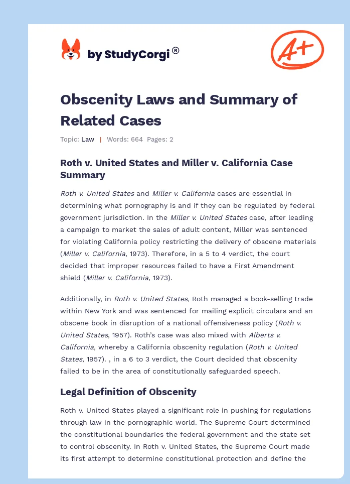 Obscenity Laws and Summary of Related Cases. Page 1