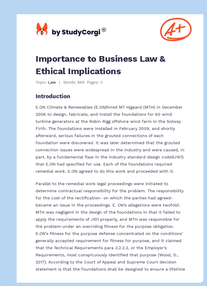 Importance to Business Law & Ethical Implications. Page 1
