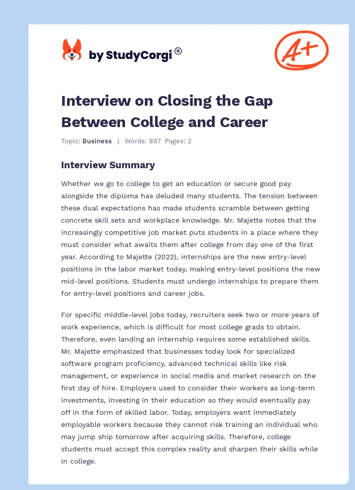 Interview on Closing the Gap Between College and Career. Page 1