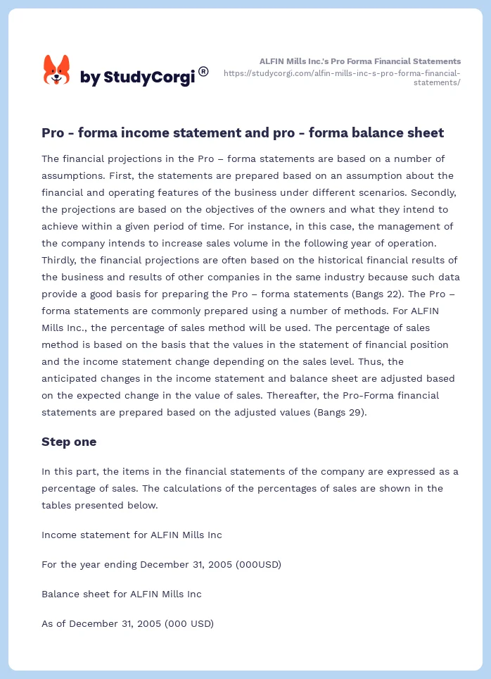 ALFIN Mills Inc.'s Pro Forma Financial Statements. Page 2