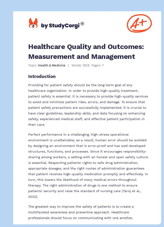 Healthcare Quality and Outcomes: Measurement and Management. Page 1