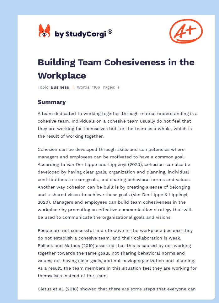 Building Team Cohesiveness in the Workplace. Page 1