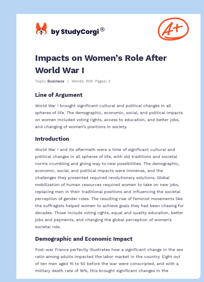 Impacts on Women’s Role After World War I. Page 1