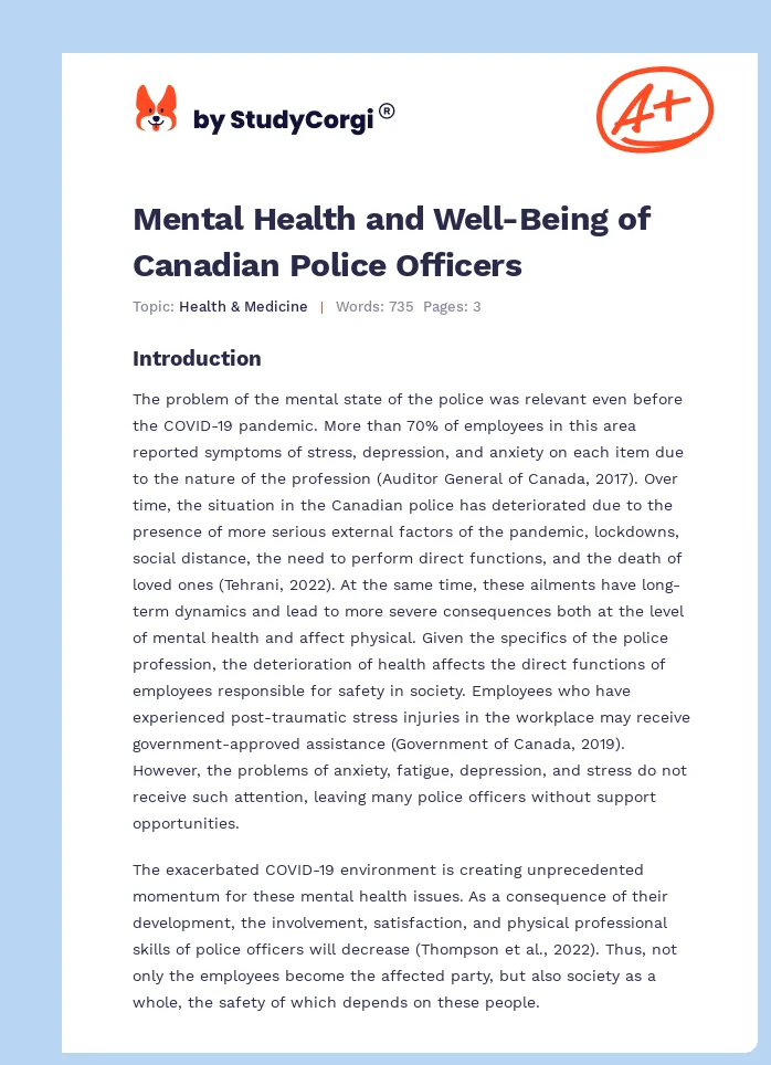 Mental Health and Well-Being of Canadian Police Officers. Page 1