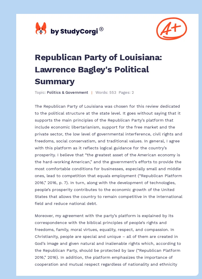 Republican Party of Louisiana: Lawrence Bagley's Political Summary. Page 1