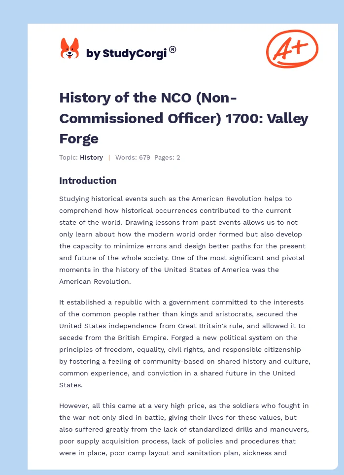 History of the NCO (Non-Commissioned Officer) 1700: Valley Forge. Page 1