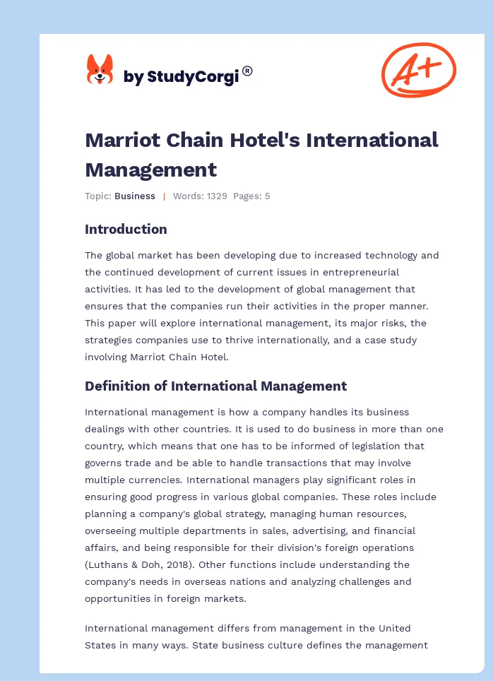 Marriot Chain Hotel's International Management. Page 1