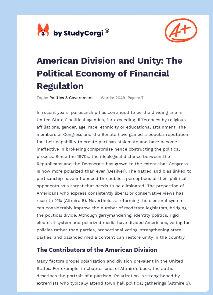 American Division and Unity: The Political Economy of Financial Regulation. Page 1