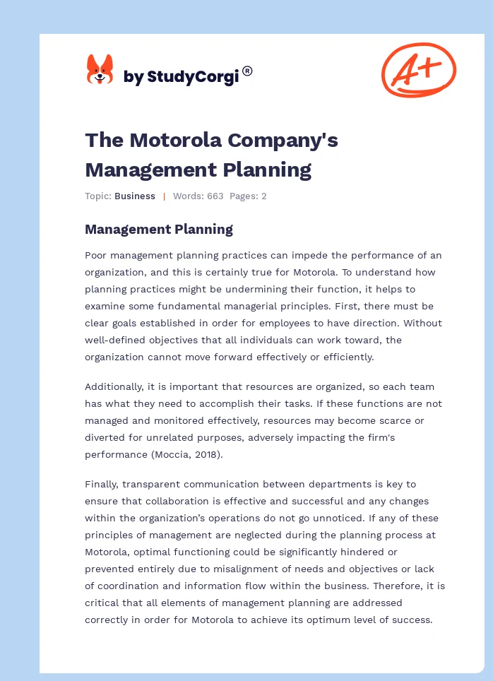 The Motorola Company's Management Planning. Page 1