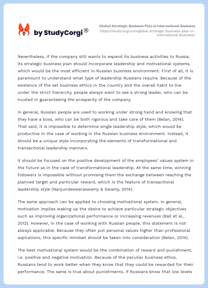 Global Strategic Business Plan in International Business. Page 2