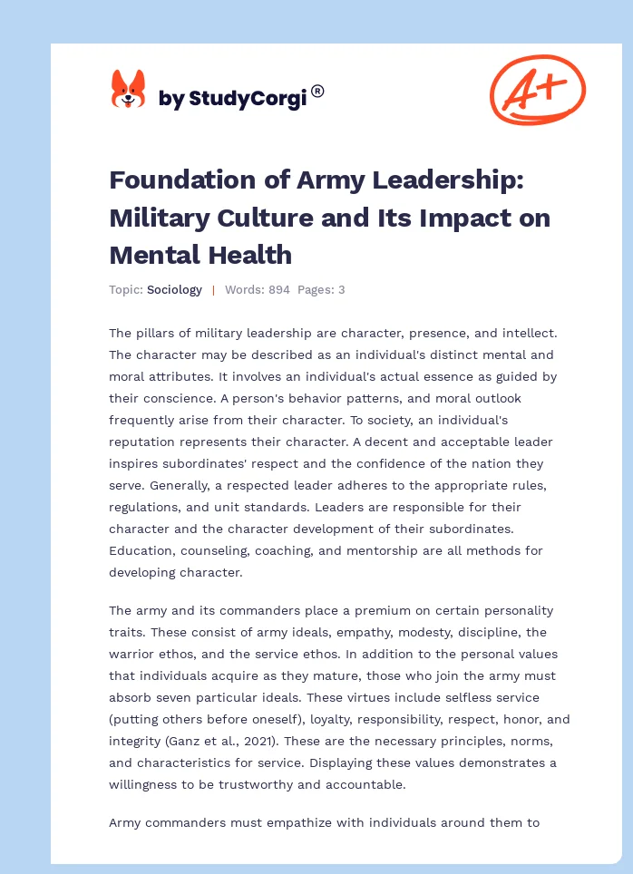 Foundation of Army Leadership: Military Culture and Its Impact on Mental Health. Page 1