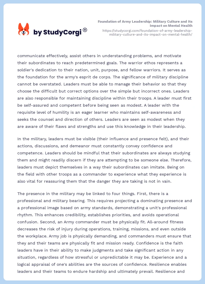 Foundation of Army Leadership: Military Culture and Its Impact on Mental Health. Page 2