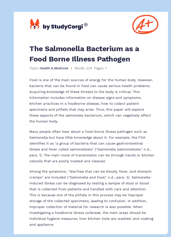 The Salmonella Bacterium as a Food Borne Illness Pathogen. Page 1