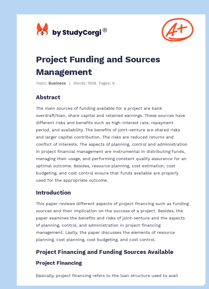 Project Funding and Sources Management. Page 1