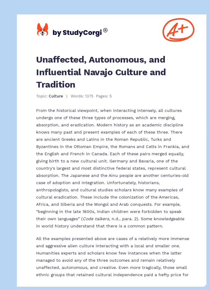 Unaffected, Autonomous, and Influential Navajo Culture and Tradition. Page 1