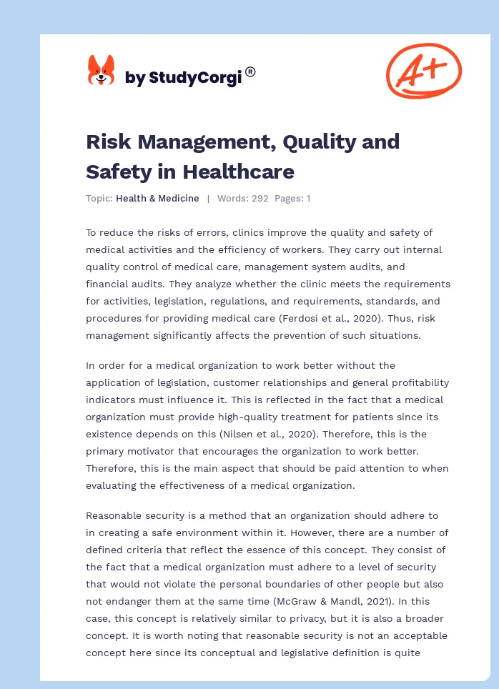Risk Management, Quality and Safety in Healthcare. Page 1