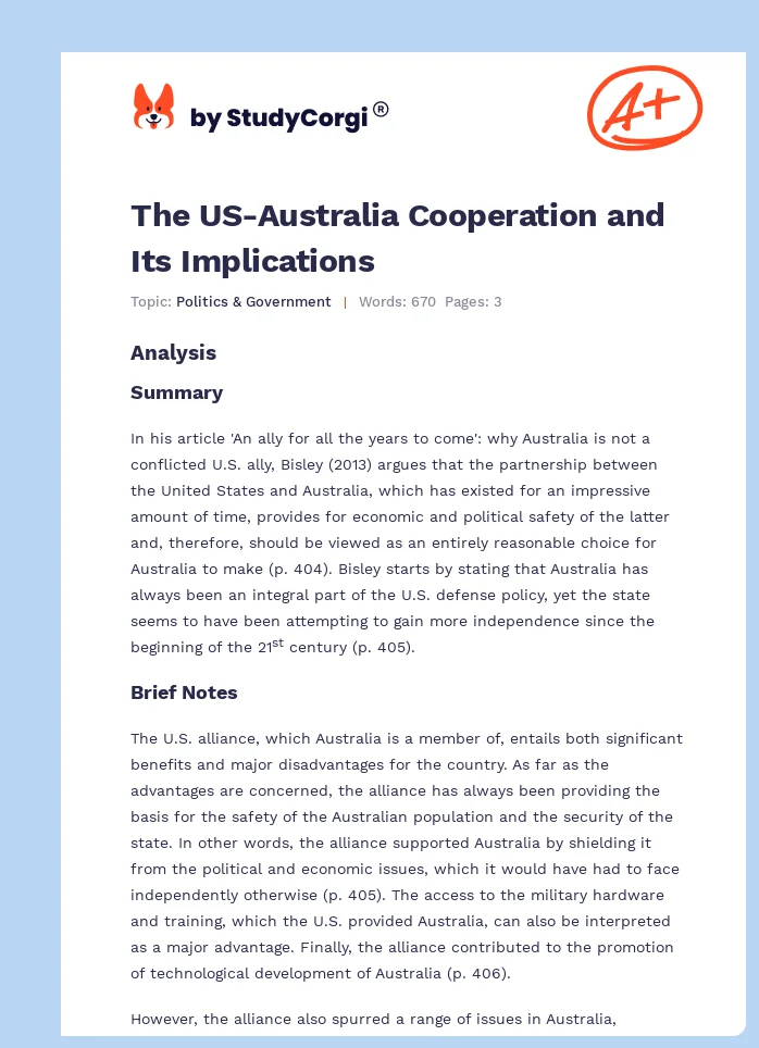 The US-Australia Cooperation and Its Implications. Page 1