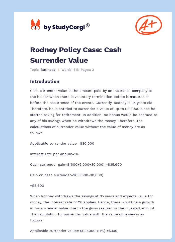 Rodney Policy Case: Cash Surrender Value. Page 1