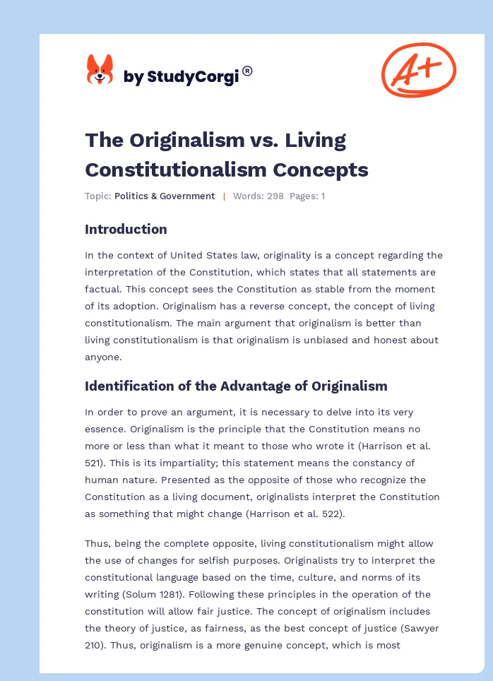 The Originalism vs. Living Constitutionalism Concepts. Page 1