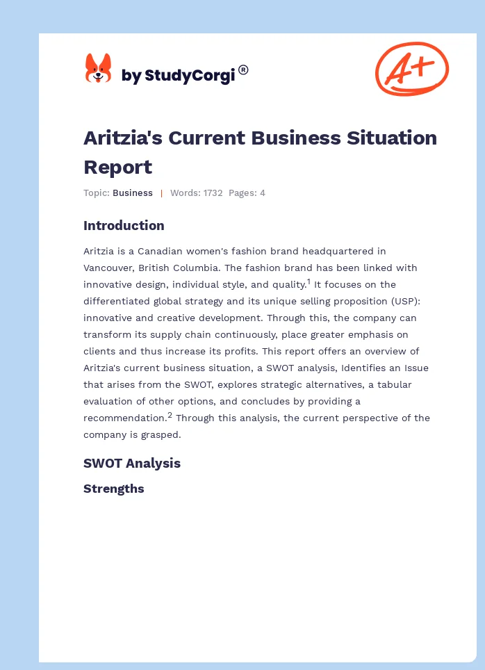Aritzia's Current Business Situation Report. Page 1