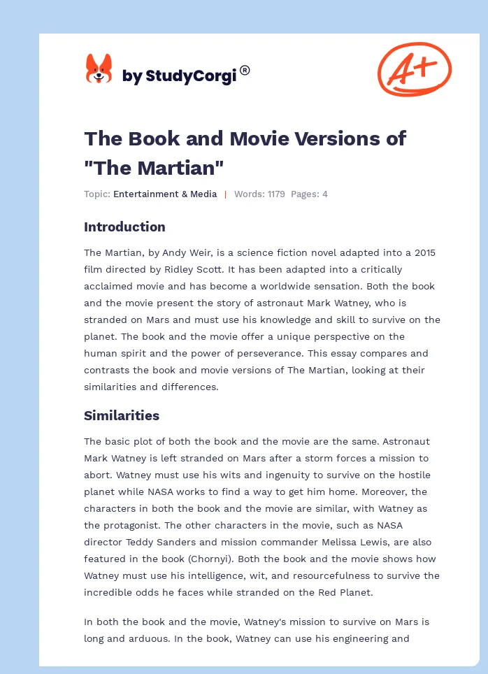 The Book and Movie Versions of "The Martian". Page 1