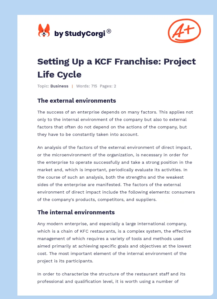 Setting Up a KCF Franchise: Project Life Cycle. Page 1