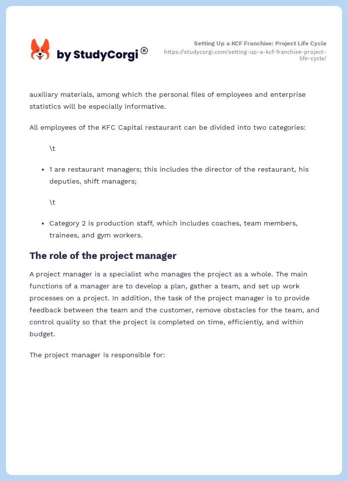 Setting Up a KCF Franchise: Project Life Cycle. Page 2