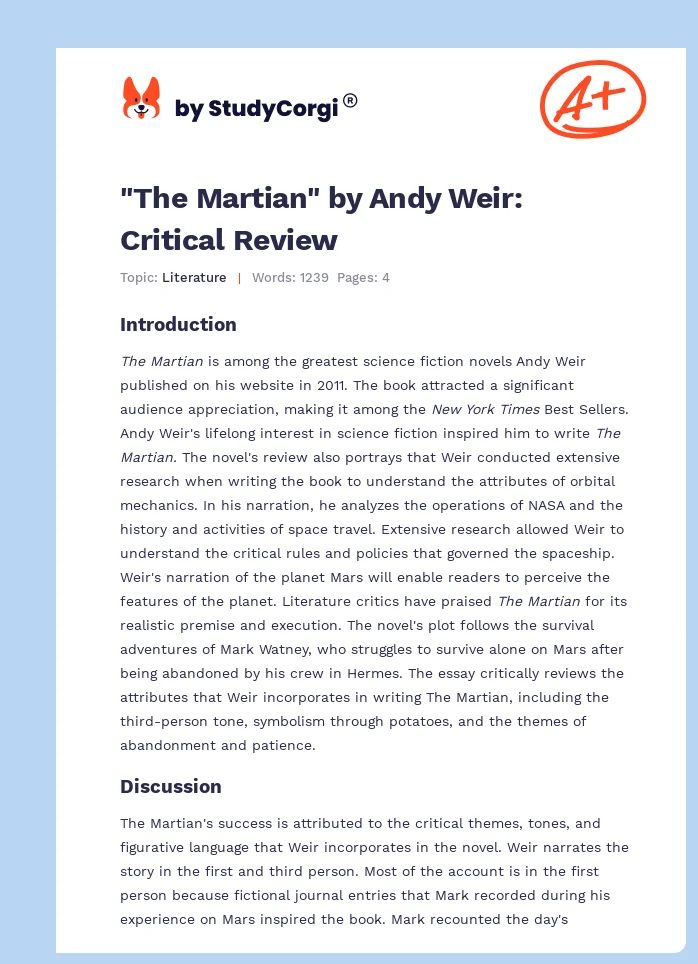 "The Martian" by Andy Weir: Critical Review. Page 1