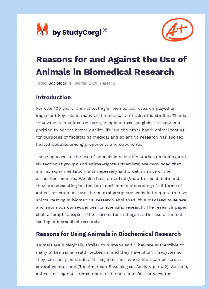 Reasons for and Against the Use of Animals in Biomedical Research. Page 1