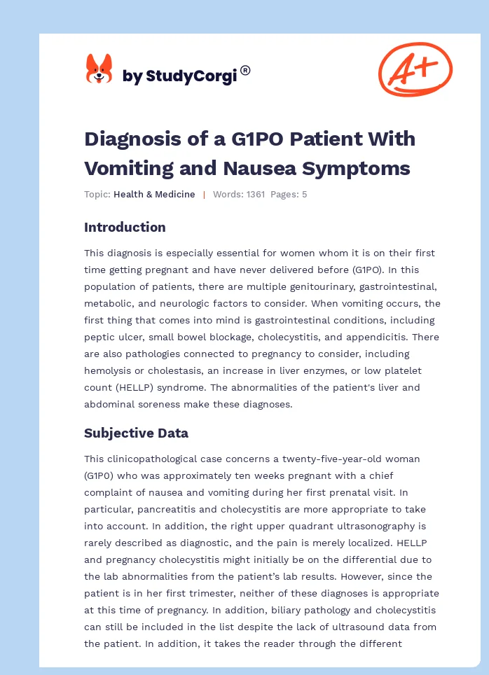 Diagnosis of a G1PO Patient With Vomiting and Nausea Symptoms. Page 1