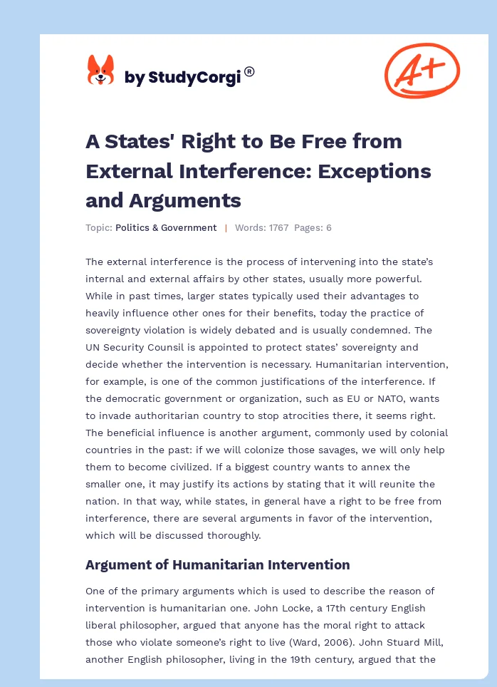 A States' Right to Be Free from External Interference: Exceptions and Arguments. Page 1