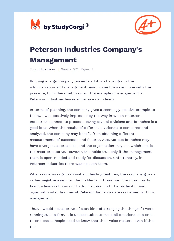 Peterson Industries Company's Management. Page 1
