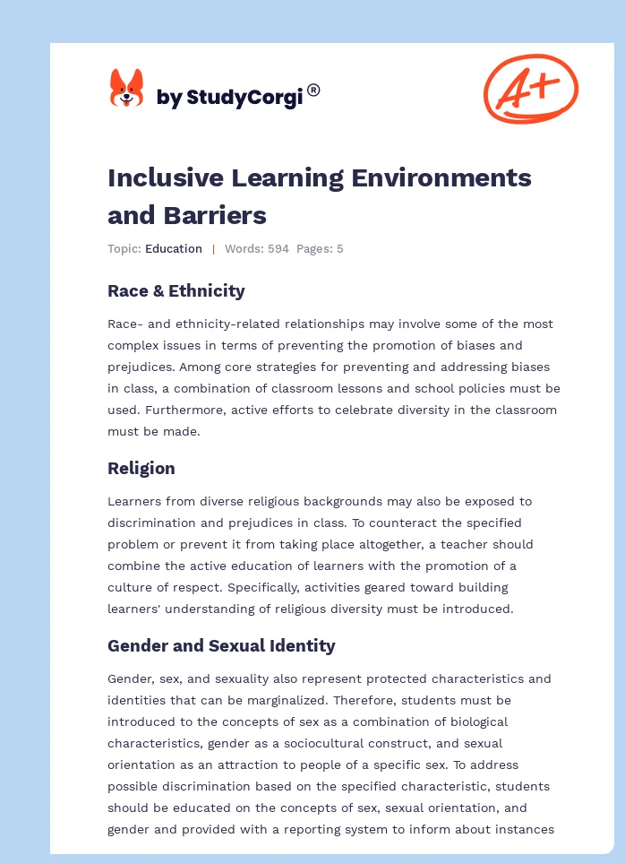 Inclusive Learning Environments and Barriers. Page 1