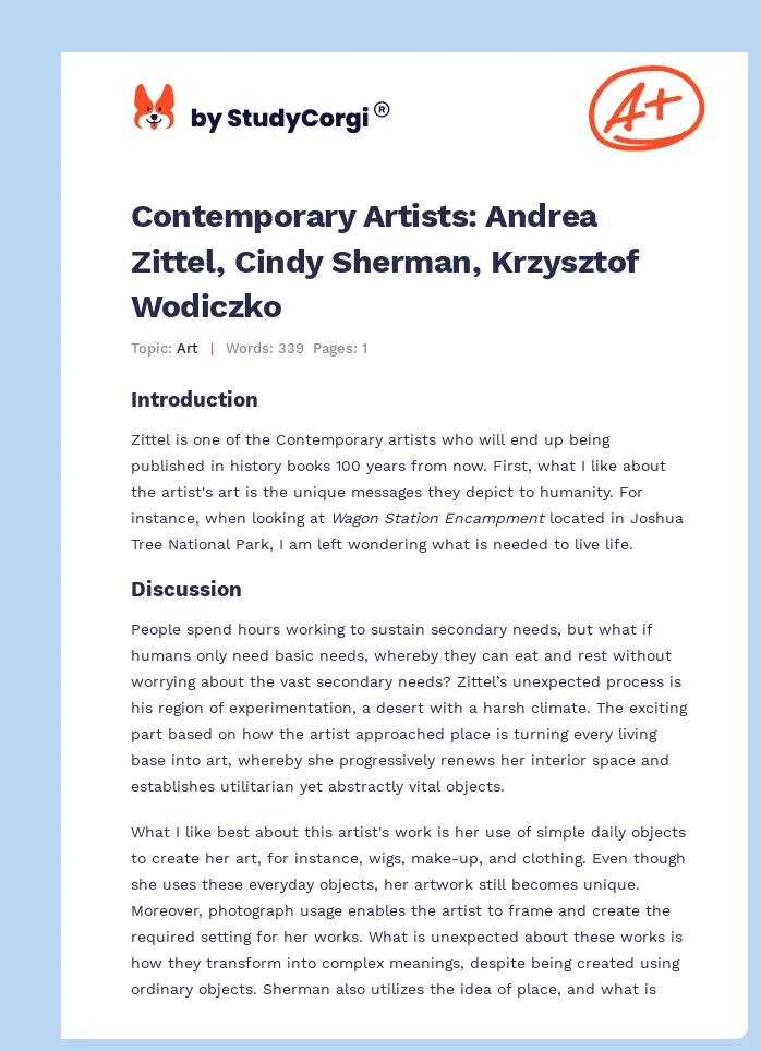 Contemporary Artists: Andrea Zittel, Cindy Sherman, Krzysztof Wodiczko. Page 1