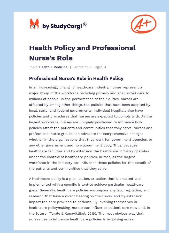 Health Policy and Professional Nurse's Role. Page 1