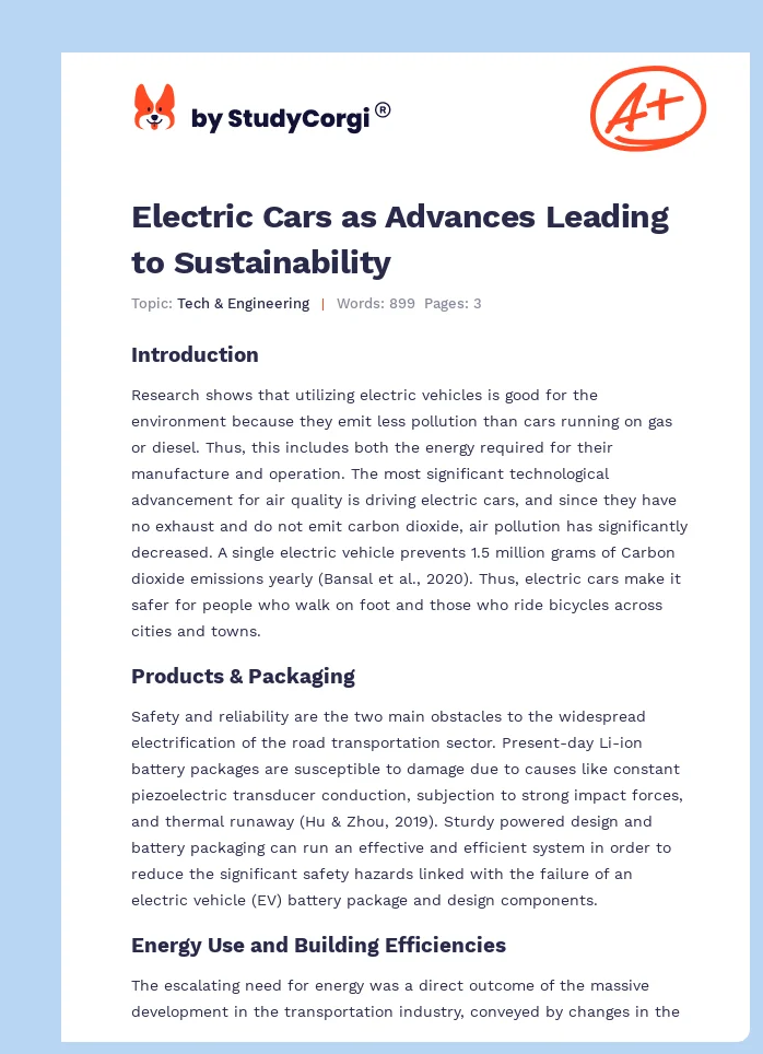 Electric Cars as Advances Leading to Sustainability. Page 1