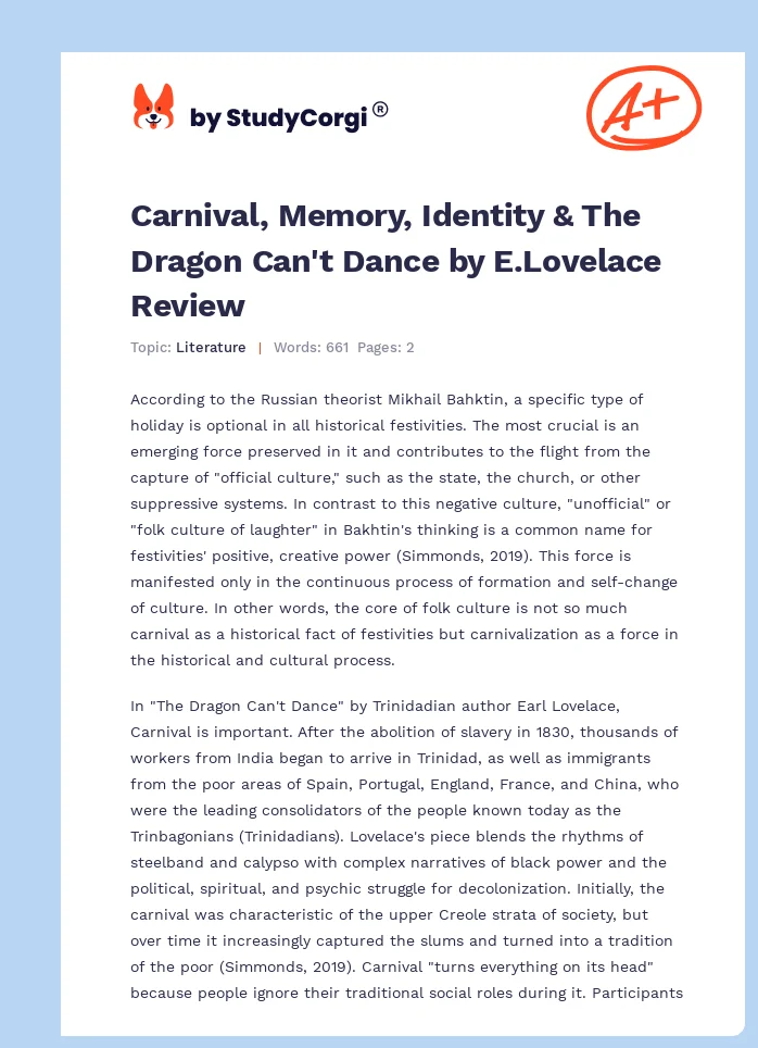 Carnival, Memory, Identity & The Dragon Can't Dance by E.Lovelace Review. Page 1
