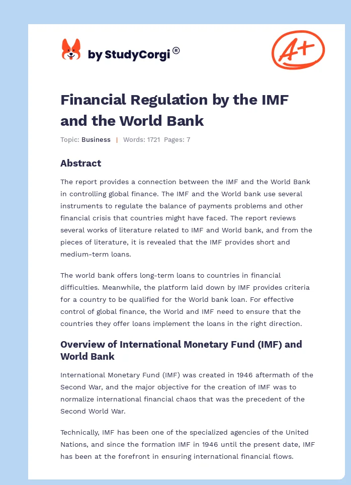 Financial Regulation by the IMF and the World Bank. Page 1
